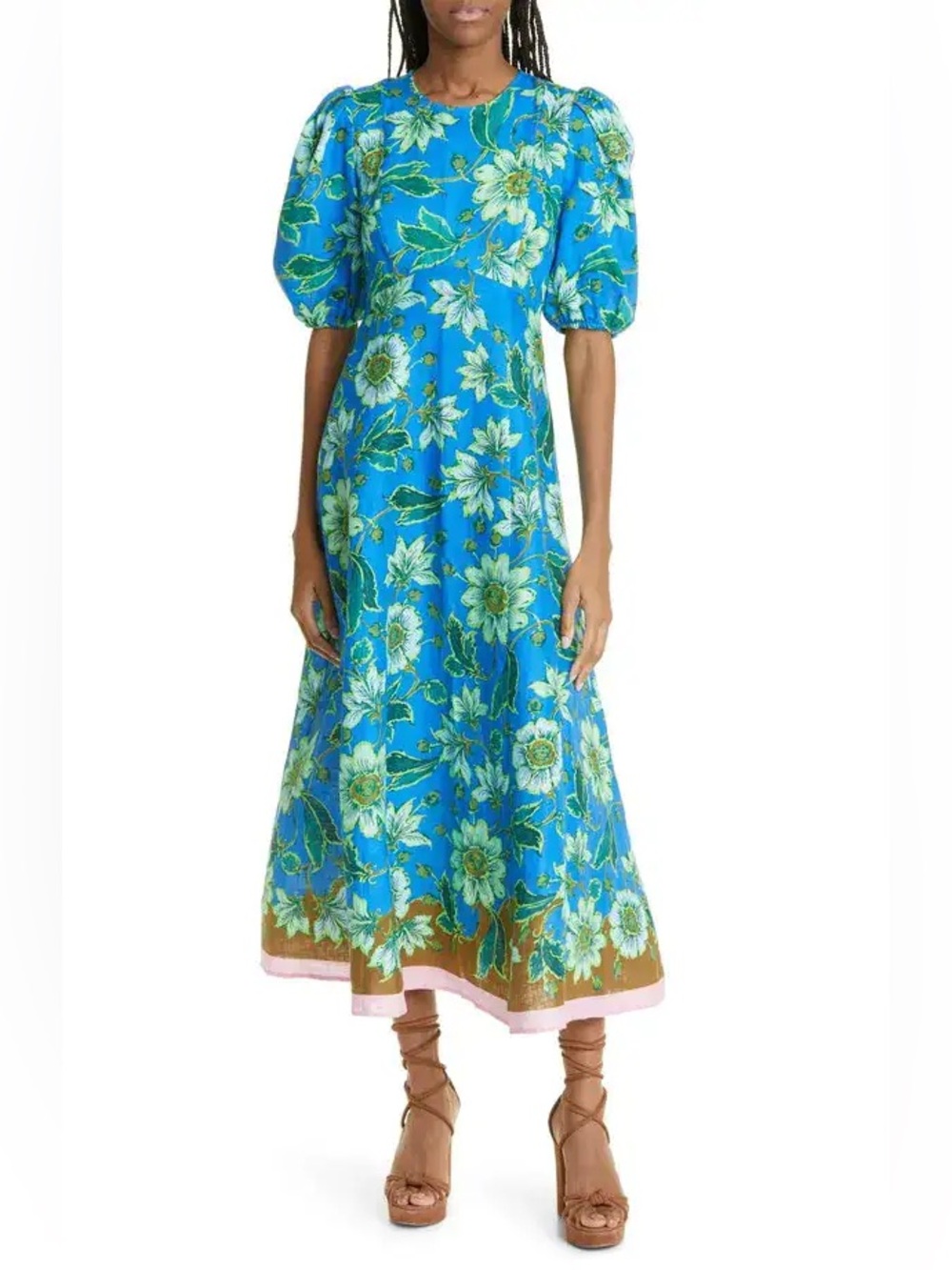 ALEMAIS Winnie Floral Linen Midi Dress in Cobalt, US 4